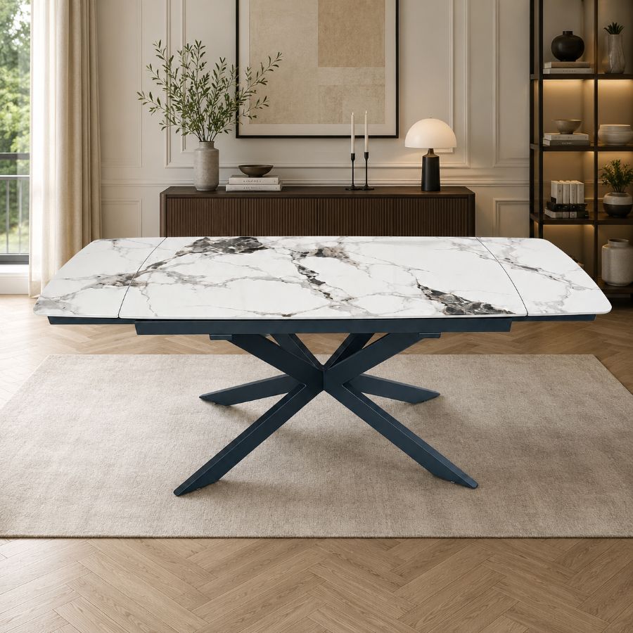 Mesa Dallas extensible · 1,65 a 2,40 m × 90 cm · Blanco veta negra — foto 1