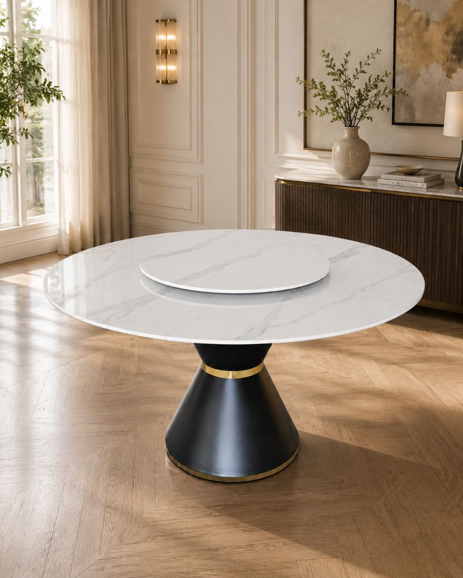 Mesa Londres giratoria · Ø1,20 m con plato de 60 cm · Blanco veta gris — foto 1